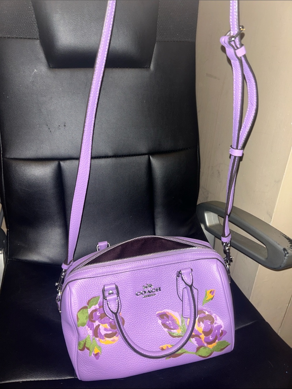 Coach Purple Floral Leather Satchel with Painted Roses - Picture 4 of 6
